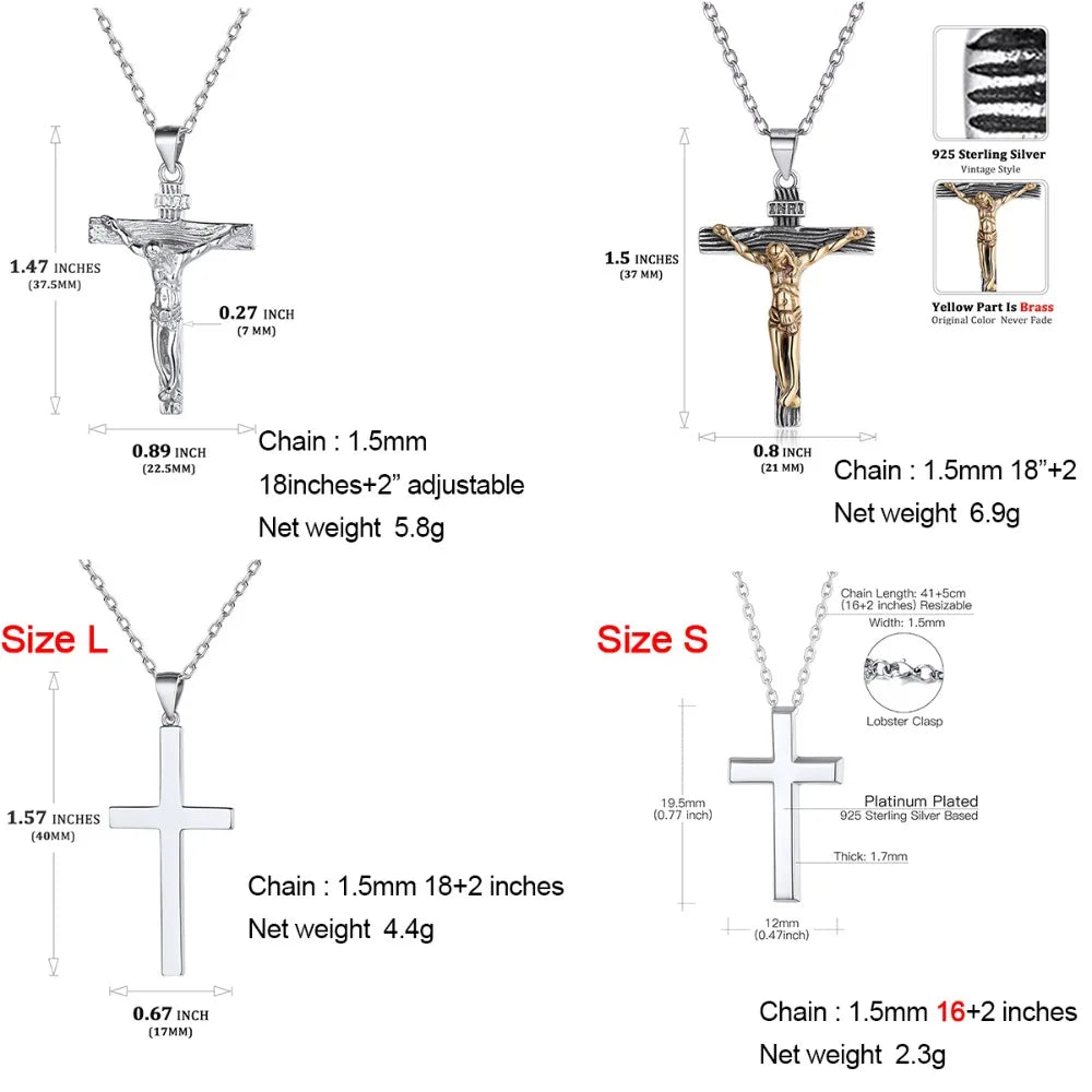 925 Sterling Silver Cross Necklaces INRI Crucifix Jesus Size S/L Plain/Cz Cross Unisex Man Women Christian Jewelry Gift