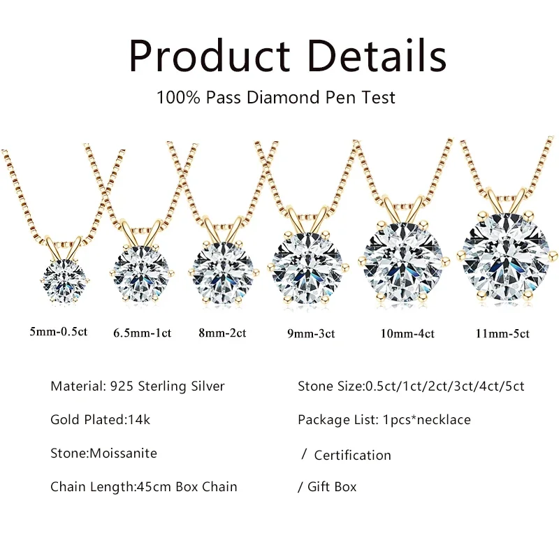0.5Ct-5Ct Moissanite Pendant Necklace with Certificate for Women Original Real 925 Silver Chain Solitaire Drop Necklaces