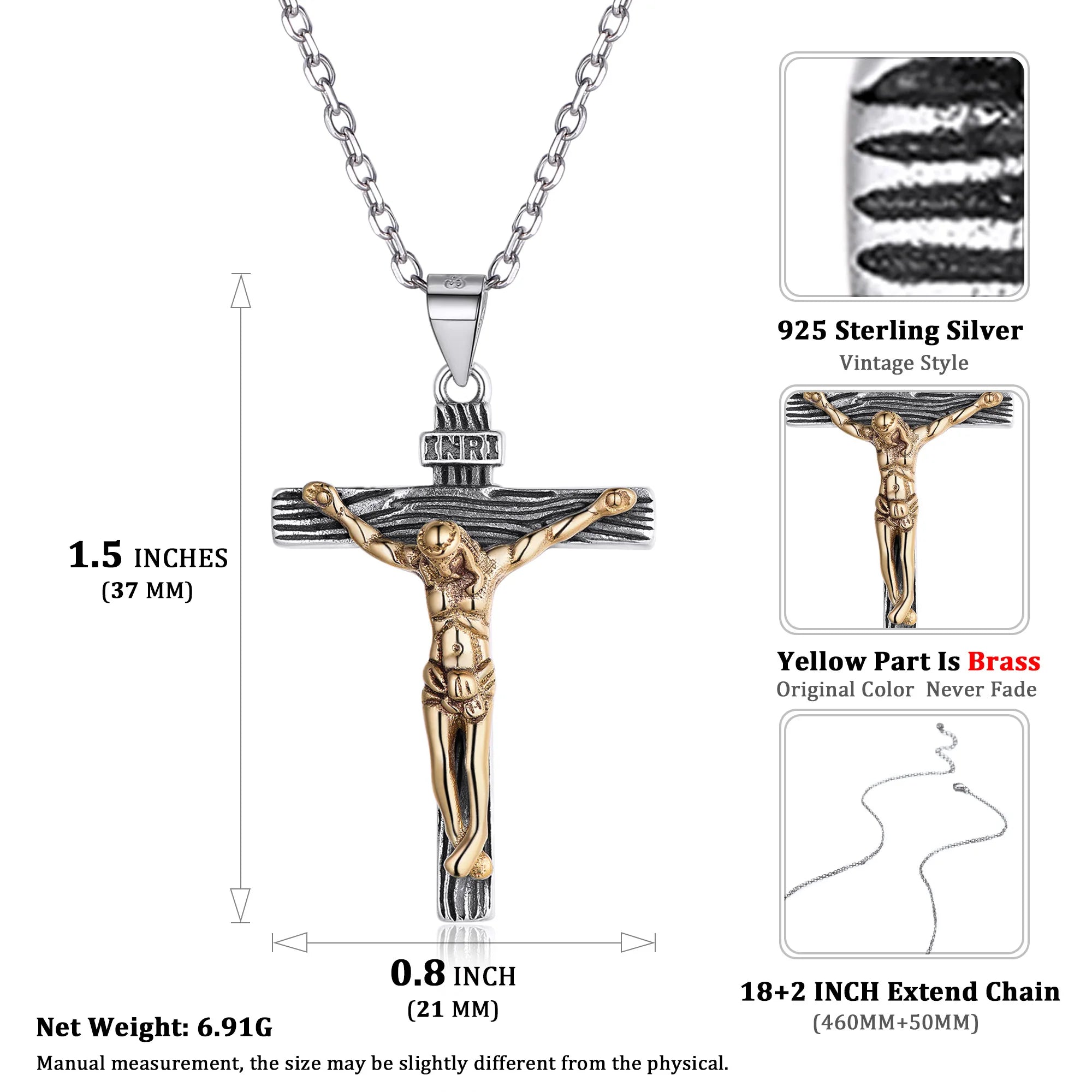 925 Sterling Silver Cross Necklaces INRI Crucifix Jesus Size S/L Plain/Cz Cross Unisex Man Women Christian Jewelry Gift