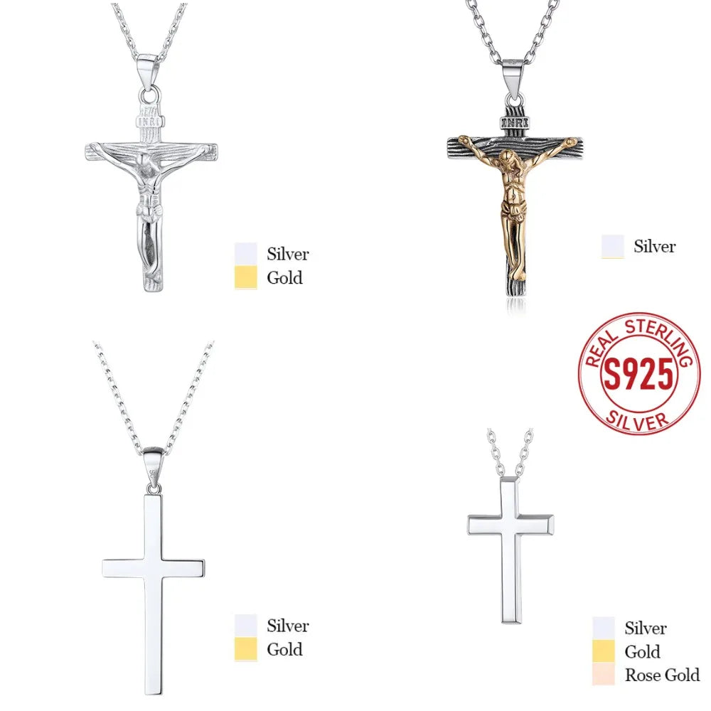 925 Sterling Silver Cross Necklaces INRI Crucifix Jesus Size S/L Plain/Cz Cross Unisex Man Women Christian Jewelry Gift
