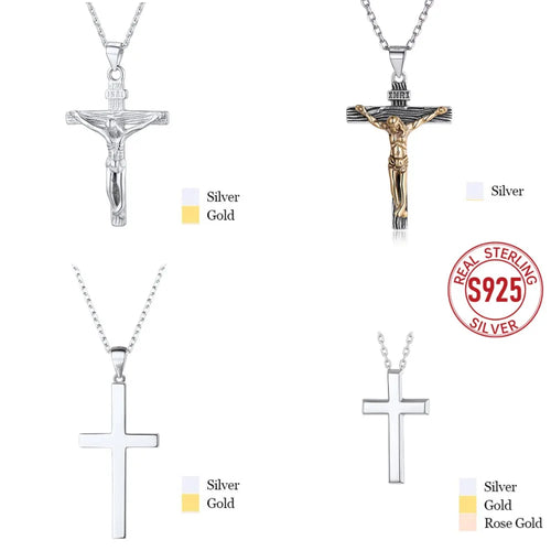 925 Sterling Silver Cross Necklaces INRI Crucifix Jesus Size S/L Plain/Cz Cross Unisex Man Women Christian Jewelry Gift