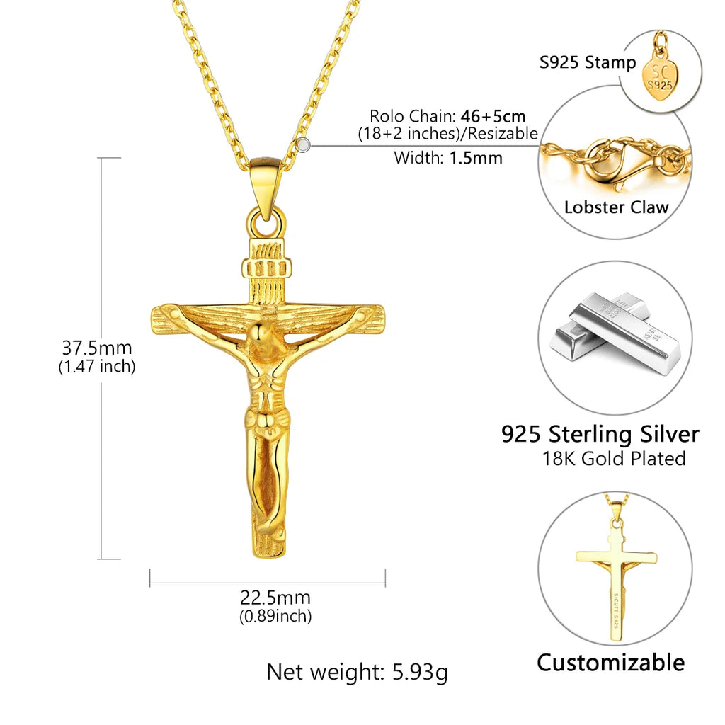 925 Sterling Silver Cross Necklaces INRI Crucifix Jesus Size S/L Plain/Cz Cross Unisex Man Women Christian Jewelry Gift