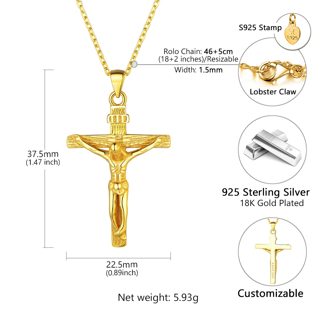 925 Sterling Silver Cross Necklaces INRI Crucifix Jesus Size S/L Plain/Cz Cross Unisex Man Women Christian Jewelry Gift